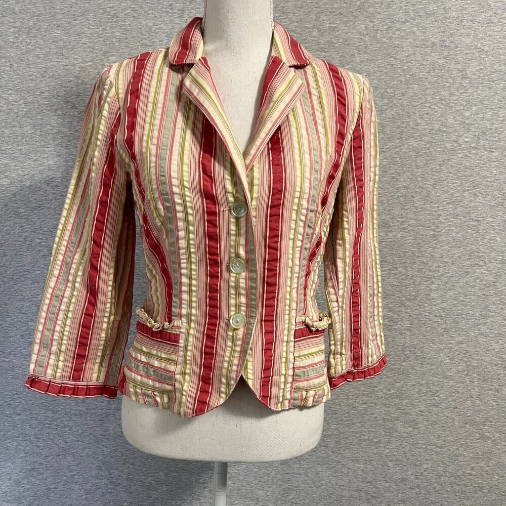 Cabi Blazer‎ Womens 4 Pink Stripe Seersucker Jacket Feminine Y2K Tailored Ruffle